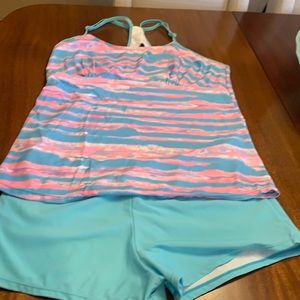 Tankini with Boy Shorts Set. Aqua and Pink